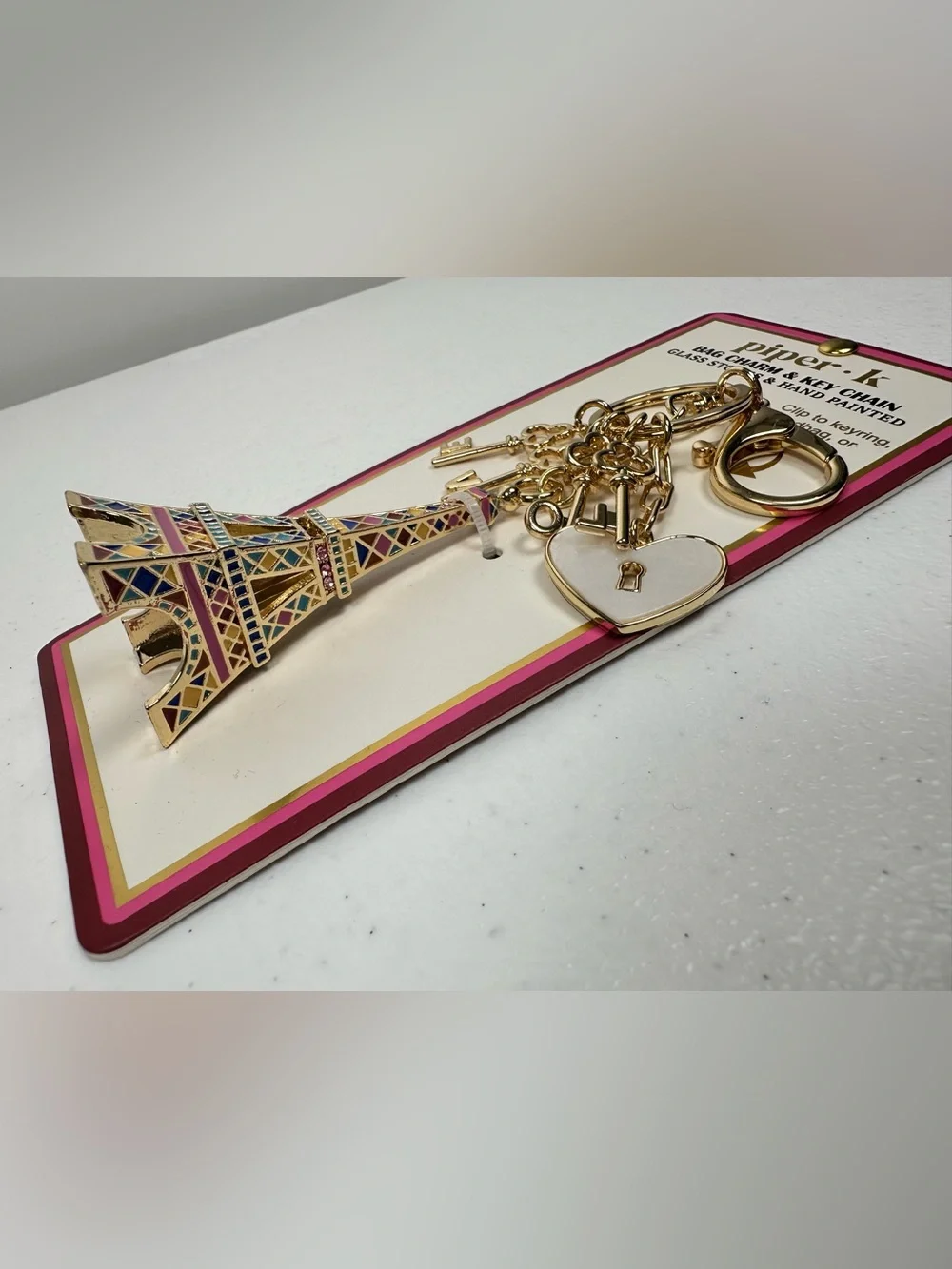 NEW PIPER K‎ PARISIAN DAYDREAM EIFFEL TOWER LOVE HEART GOLD BAG CHARM KEY RING